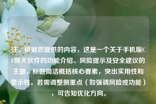 注，根据您提供的内容，这是一个关于手机版CF聊天软件的功能介绍、风险提示及安全建议的主题，标题简洁概括核心要素，突出实用性和警示性。若需调整侧重点（如强调风险或功能），可告知优化方向。