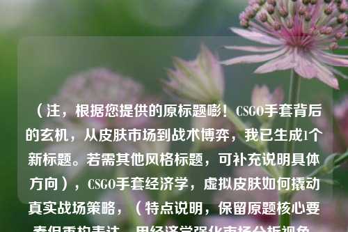 （注，根据您提供的原标题嘭！CSGO手套背后的玄机，从皮肤市场到战术博弈，我已生成1个新标题。若需其他风格标题，可补充说明具体方向），CSGO手套经济学，虚拟皮肤如何撬动真实战场策略，（特点说明，保留原题核心要素但重构表达，用经济学强化市场分析视角，虚拟撬动真实制造反差，突出游戏内外的双重影响）